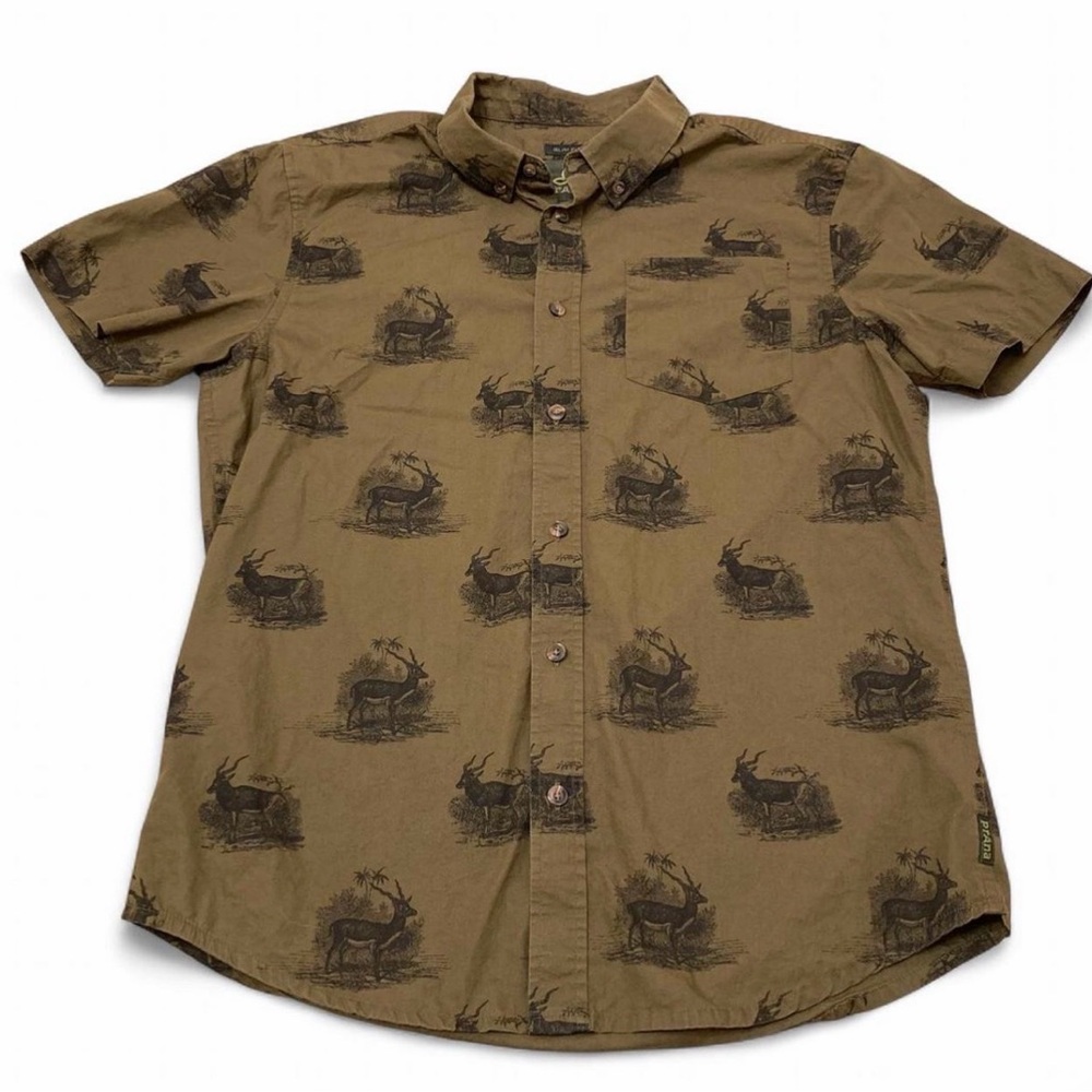 Prana Broderick Button Up Novelty Deer Print Shirt Mens Medium Antelope Gorpcore